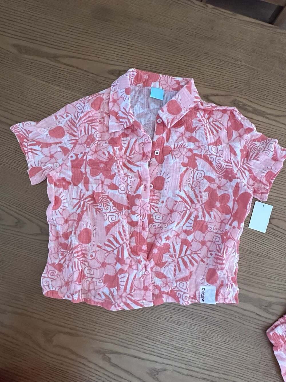 Disney Moana 2 Girls Pink Floral Short Sleeve Gauze Button Up Shirt LG 10/12